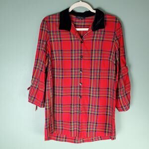 John Mark Womens Red Plaid Button Up Velour Tunic Top Size XS